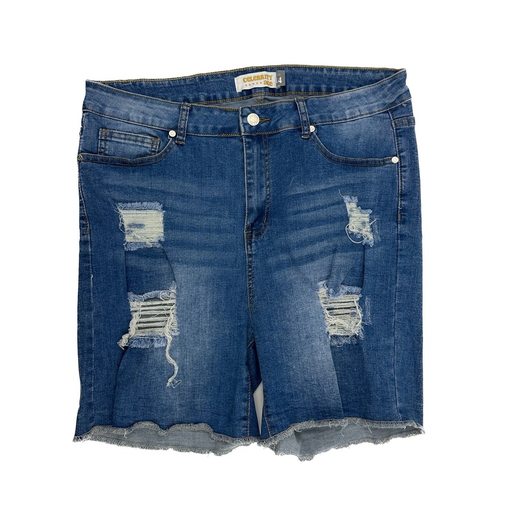Celebrity Ace Denim Shorts Womens 14 Blue Distressed Frayed Hem High Rise